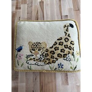Vintage Needlepoint Pillow Ribbed Velvet Back Cheetah Leopard Baby 11 x 14